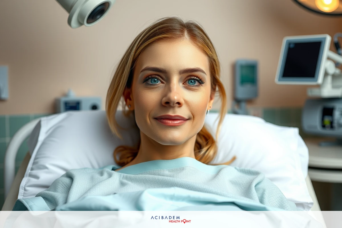 A woman in a hospital setting, lying on a medical bed. She is looking directly at the camera with a calm and reassuring expression.