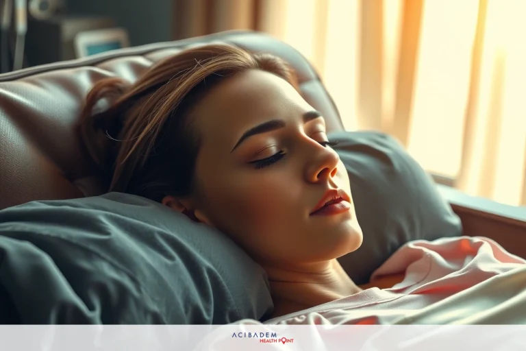 The image shows a woman lying down on her side in bed, with her eyes closed. She appears to be resting or sleeping. The room has soft lighting and a comfortable atmosphere.