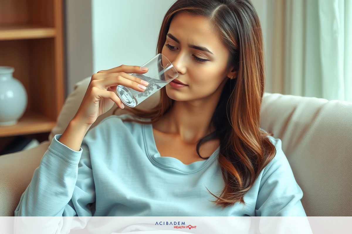 A woman in a blue outfit sitting on a couch, drinking from a glass. She appears to be in the middle of an activity or conversation. The environment is casual and comfortable, possibly at home.