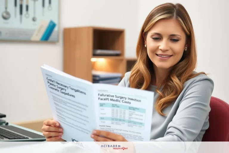 What is the Average Price of Rhinoplasty? A professional woman seated at a desk with financial documents and a laptop, appearing focused on reading the materials.