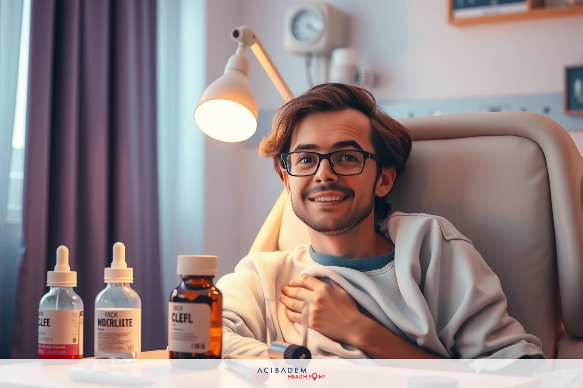 A man in a hospital bed with medical supplies, including a syringe and medicine bottles, suggesting he is receiving treatment or care.