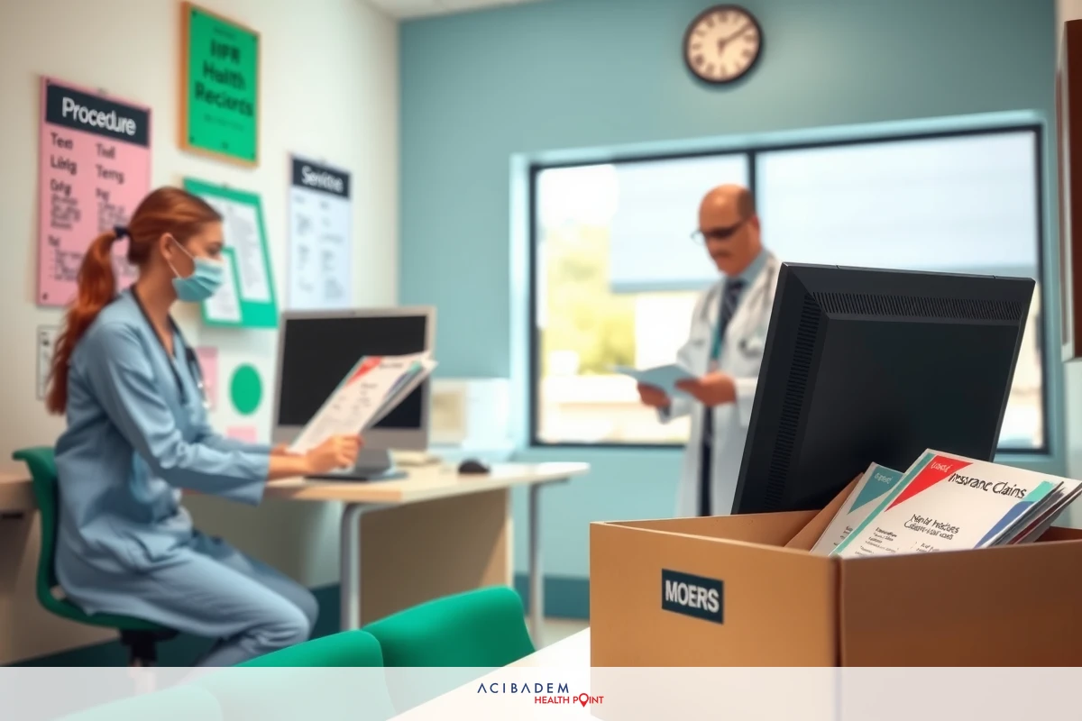 Two individuals in a clinical setting, one possibly dressed as a nurse and the other as a doctor, interacting. There are medical-related items on a desk like papers, books, and a computer screen showing patient data.