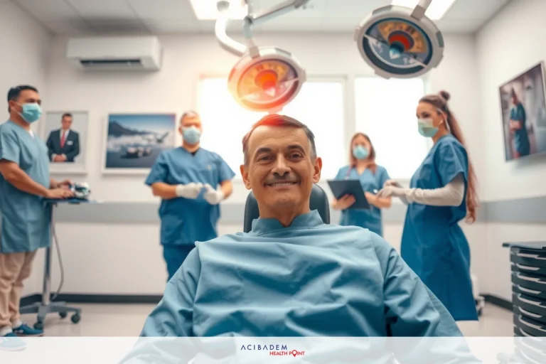How to Get a Free Rhinoplasty The image shows a professional medical setting, likely an oral surgeon's office. In the center of the frame is a smiling man seated in a medical chair, being attended to by surgical staff wearing full personal protective equipment (PPE), which includes masks and gloves. The environment indicates cleanliness and sterility, with a bright overhead light illuminating the scene. There are posters on the walls that suggest a focus on patient care and technology.