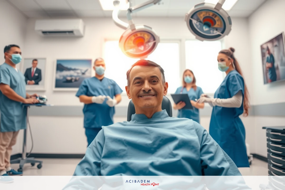 The image shows a professional medical setting, likely an oral surgeon's office. In the center of the frame is a smiling man seated in a medical chair, being attended to by surgical staff wearing full personal protective equipment (PPE), which includes masks and gloves. The environment indicates cleanliness and sterility, with a bright overhead light illuminating the scene. There are posters on the walls that suggest a focus on patient care and technology.