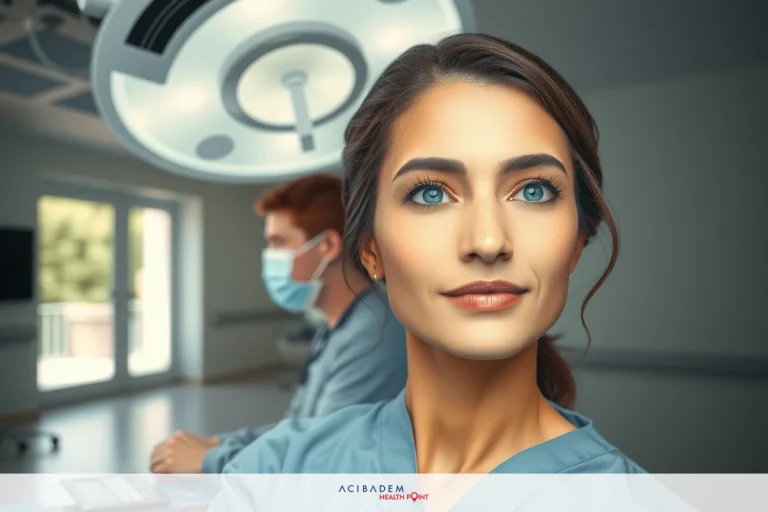 Doctors in scrubs and masks, one with a surgical cap, standing behind an operating table; woman looking directly at camera with blue eyes and neutral expression.