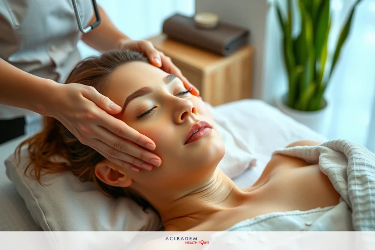 How to Massage Nose After Rhinoplasty An image depicting a woman lying down on a massage table. She is wearing a white cloth, and another person's hand can be seen applying pressure to her face as part of a facial treatment or massage.