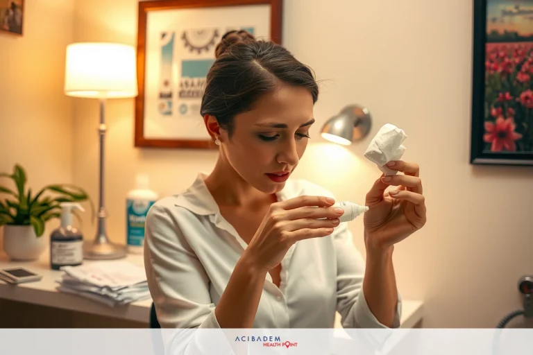 A woman in a professional setting, focused on a glass of medicine with both hands. She is looking closely at the contents, possibly considering her health or treatment.