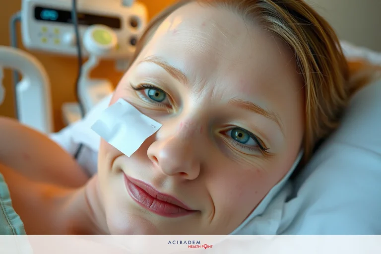 Woman lying on hospital bed with medical face mask covering her mouth and nose. The room has clinical equipment around her, including a monitor.