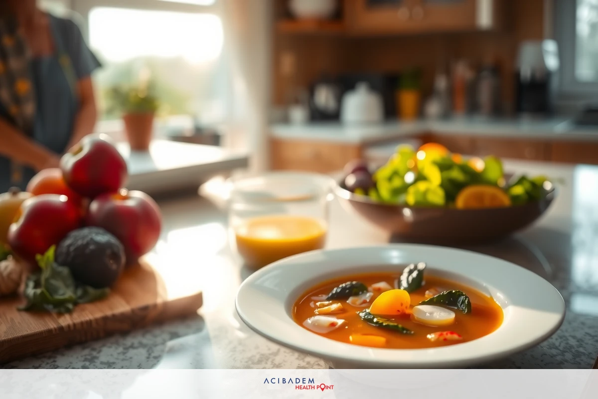 The image features a kitchen counter adorned with various fruits and vegetables. A bowl of soup is prominently displayed, suggesting a focus on healthy eating. The presence of natural light illuminates the vibrant colors of the ingredients and creates a warm, inviting atmosphere indicative of home-cooked meals.