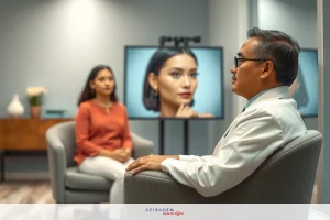 An adult male in a white lab coat is seated at a table, engaged in conversation with an adult female. They are facing each other across the table. In front of them is a television screen displaying a woman's face with visible makeup details. The office environment has modern decor and technology. Colors include blue from the TV, neutral tones from the room, and white lab coat on the male.