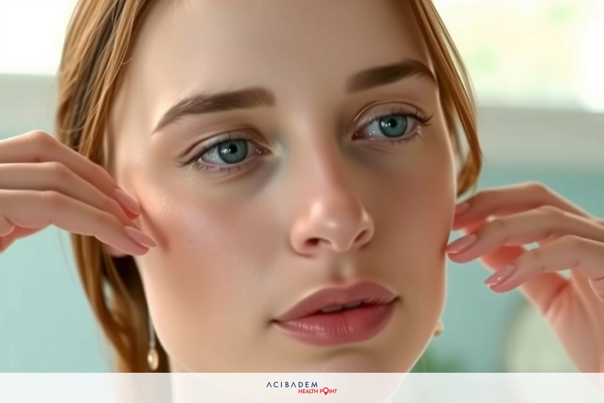 The image shows a young woman applying what appears to be skincare products to her face. She is indoors, with natural light coming from the left side of the frame. Her expression is focused and she seems intent on her skincare routine.
