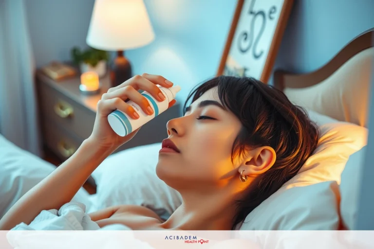 Why Can’t I Blow My Nose Post Rhinoplasty The image shows a young person lying in bed, using a small nasal spray. The individual appears to be resting with their eyes closed or looking away. They are wearing earrings and there is soft lighting, suggesting an indoor setting. There are no other visible people or distinctive objects that stand out.