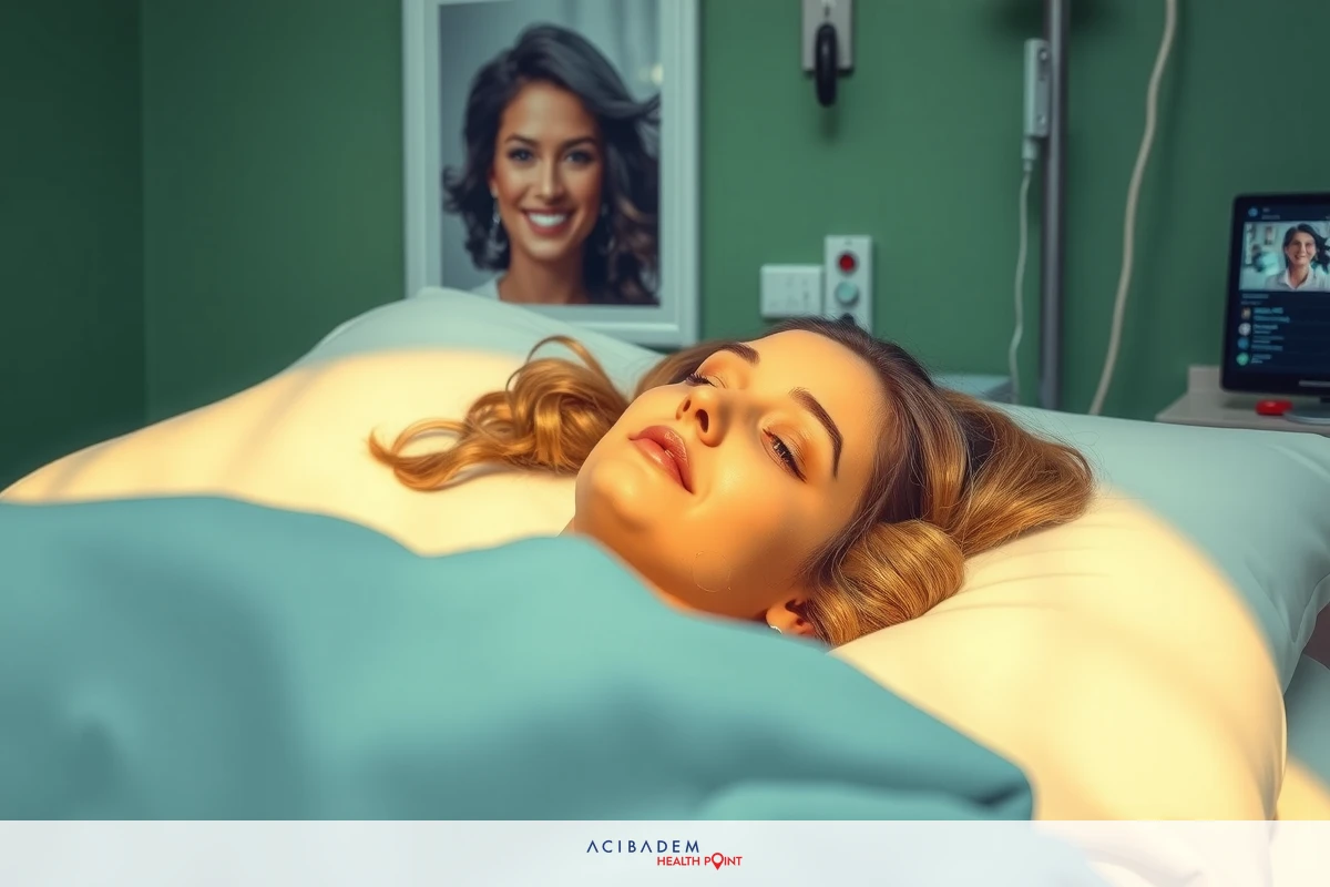 The image depicts a young woman lying in a hospital bed. She is covered with a light blanket and there's a medical headboard with cushioning behind her head. Above the headboard, there is a picture of another woman who appears to be a celebrity. To the right side of the image, there are various hospital monitors displaying information.