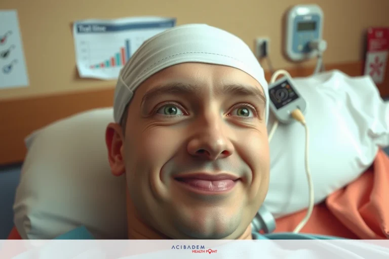 When Will the Tip of My Nose Drop After Rhinoplasty? Smiling man wearing a medical crown, lying in a hospital bed with equipment around him. He smiles at the camera, indicating that the treatment is good.