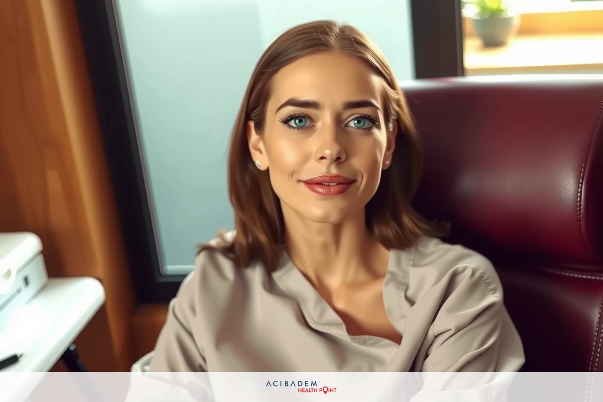 A woman seated in an indoor setting, smiling and looking directly at the camera. She appears to be relaxed and comfortable. Her attire is casual with neutral colors that blend well with the environment.
