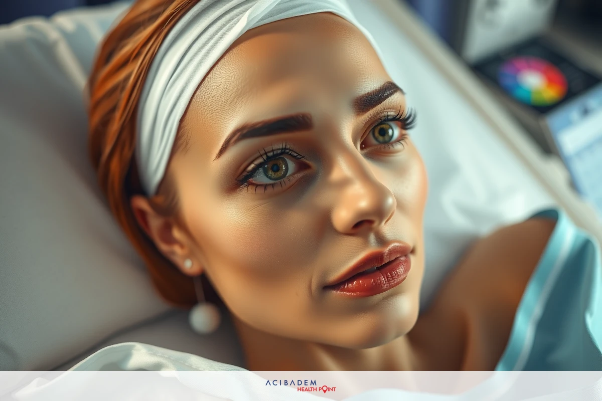 A woman lying down on a medical bed with her head turned towards the camera. She has red lipstick and is wearing a white headband. Her eyes are open and she's looking into the camera lens, possibly suggesting discomfort or pain. The room appears to be a hospital environment.