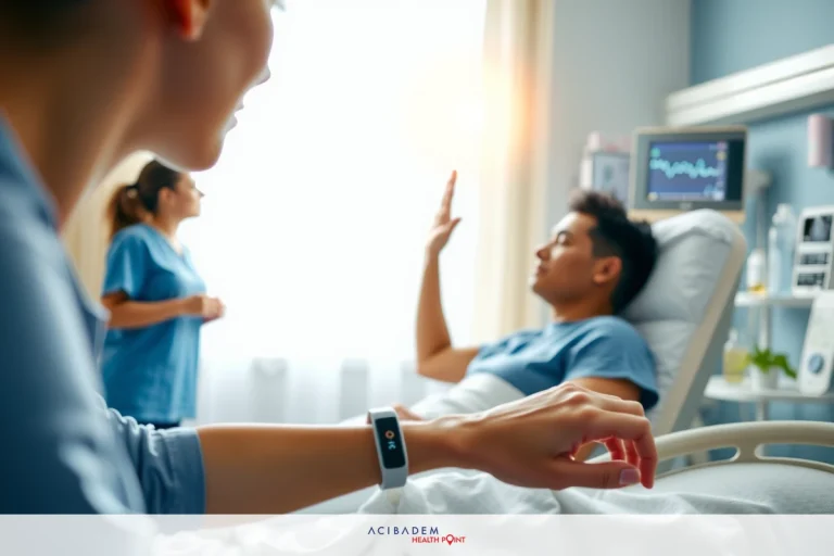 Healthcare professionals in a hospital room with a patient. The focus is on technology and medical staff cooperation, emphasizing the use of smart devices in healthcare settings.