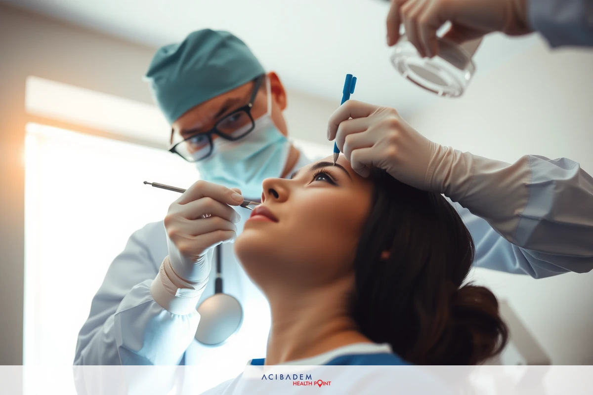 The image shows a woman in a medical office, undergoing treatment. She is seated and appears to be receiving rhinoplasty from a professional wearing protective gear.