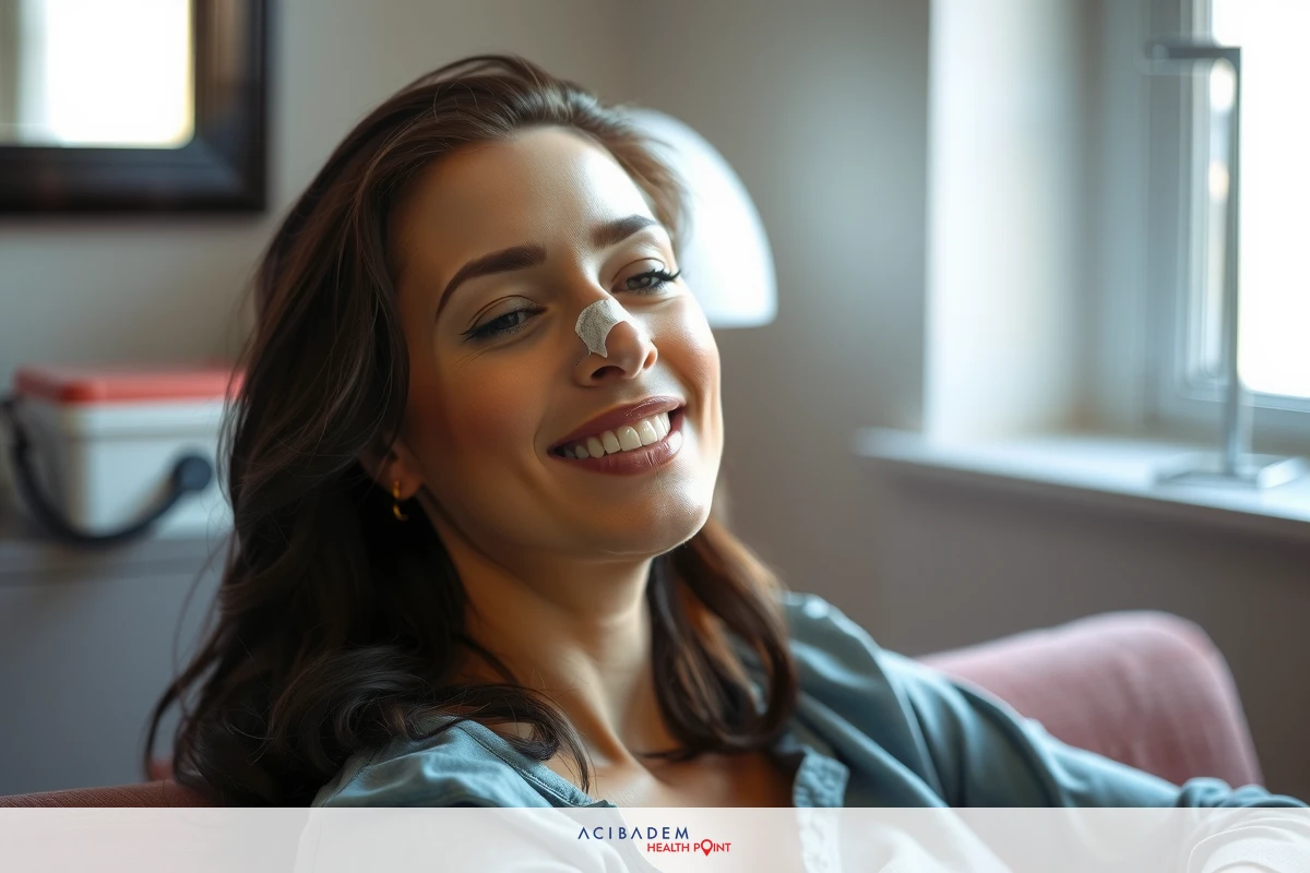 The image features a woman sitting on a couch, smiling and looking away from the camera. She appears to be in a casual setting with indoor lighting creating a warm atmosphere.