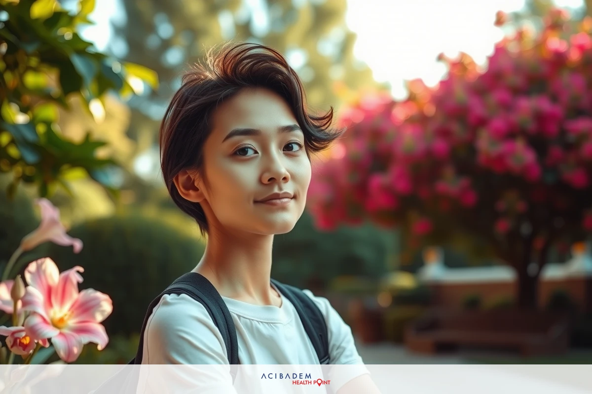 A young woman stands on a path with a backpack. She has short hair and a neutral expression. The setting is a peaceful outdoor area with flowers blooming in the background.