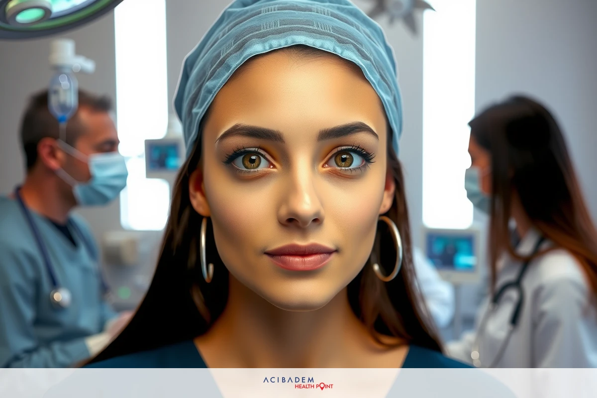 The image depicts a woman wearing medical scrubs and a surgical cap, looking directly at the camera with a smile. She appears to be in an operating room environment, as evidenced by medical equipment visible in the background. The colors are predominantly clinical whites and blues with the exception of her attire which is dark blue. The woman's expression suggests confidence and professionalism.