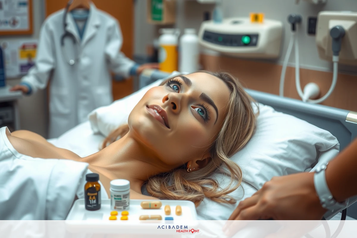 The image depicts a hospital setting with a woman lying on a stretcher. The environment suggests a medical emergency or procedure, as indicated by the medical equipment and personnel present. The colors in the image are predominantly clinical whites and blues, creating an atmosphere of urgency and care.