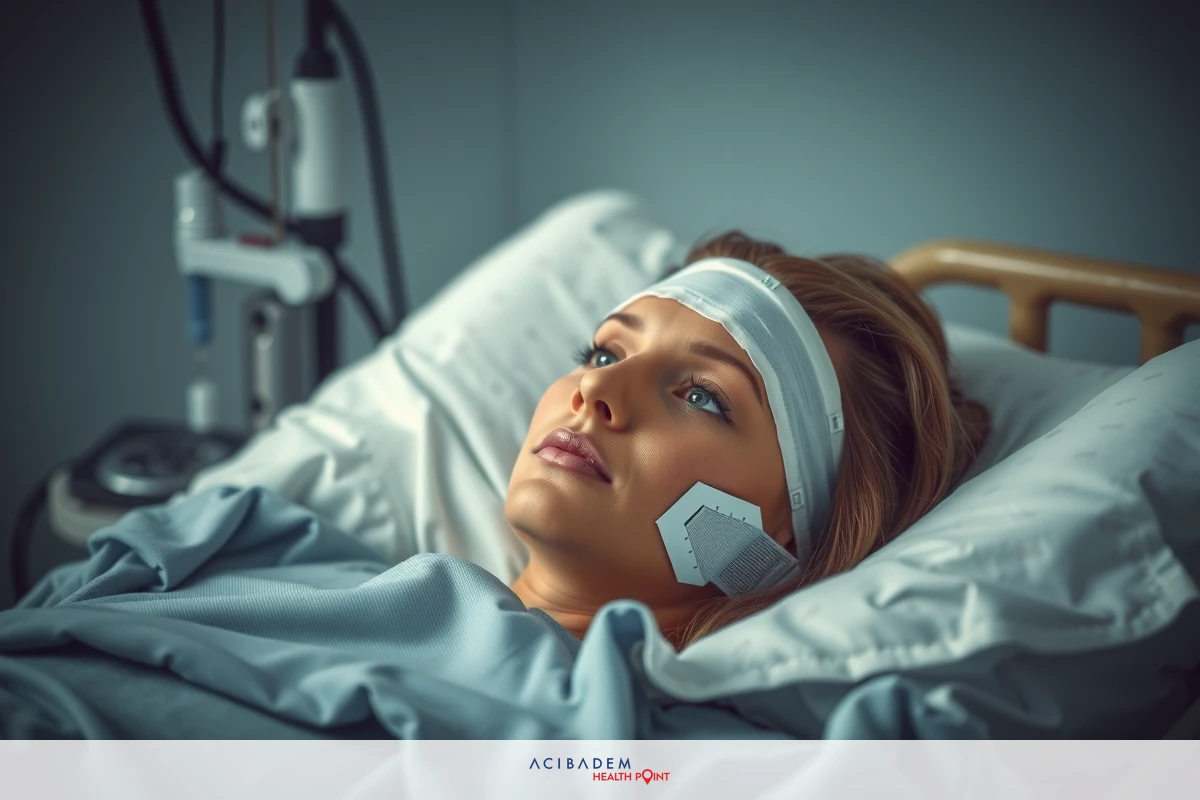 The image shows a woman lying in a hospital bed, hooked up to medical equipment. She has an IV drip and appears to be undergoing treatment. Her head is resting on a pillow, indicating she may be unconscious or sedated. The environment is clinical with medical devices and monitors visible around her.