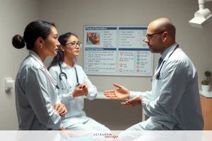 In the image, we see three medical professionals in a clinic setting. They are seated around a table, engaged in what appears to be a discussion or examination of a patient's case notes. The room has medical posters and educational material on the wall behind them. All three individuals are dressed in white lab coats, signifying their roles as healthcare professionals. Their focused expressions suggest concentration on the task at hand.