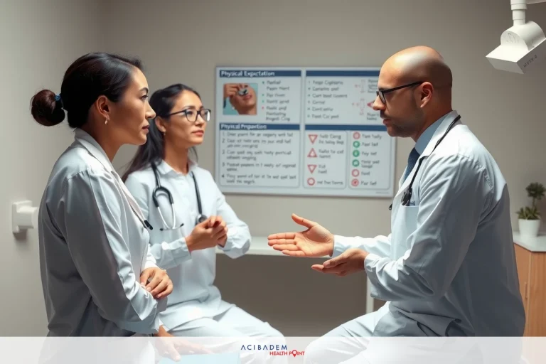 In the image, we see three medical professionals in a clinic setting. They are seated around a table, engaged in what appears to be a discussion or examination of a patient's case notes. The room has medical posters and educational material on the wall behind them. All three individuals are dressed in white lab coats, signifying their roles as healthcare professionals. Their focused expressions suggest concentration on the task at hand.