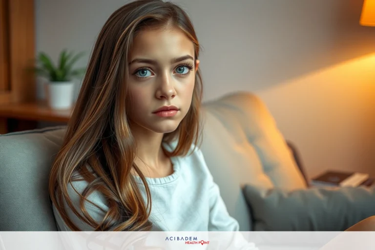 This is a portrait of a young woman sitting on a couch. She has long blonde hair and blue eyes, and her expression appears contemplative or sad. The environment suggests an indoor setting with a warm ambiance, possibly a living room, indicated by the presence of a potted plant and another piece of furniture in the background. The color palette consists mainly of soft earth tones and natural lighting that creates a cozy atmosphere.