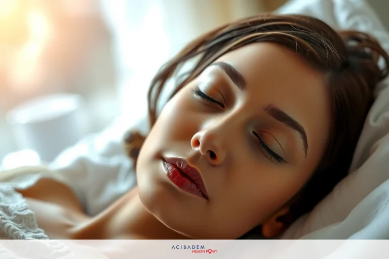 Close-up of a woman with closed eyes, resting peacefully on her pillows. Her face is relaxed and she appears to be in deep sleep or a light doze. The focus is on her facial features and the softness of her expression.