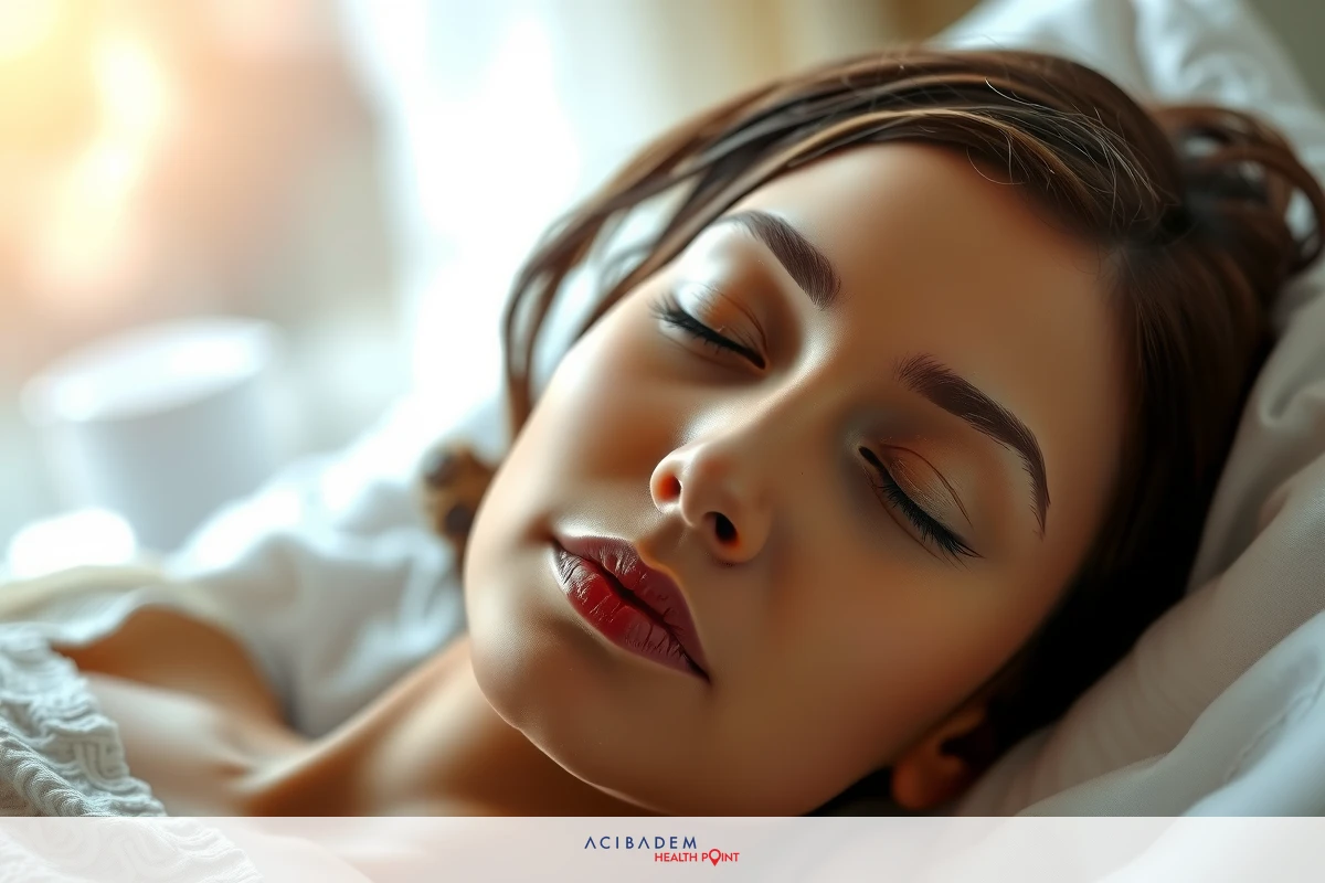 Close-up of a woman with closed eyes, resting peacefully on her pillows. Her face is relaxed and she appears to be in deep sleep or a light doze. The focus is on her facial features and the softness of her expression.