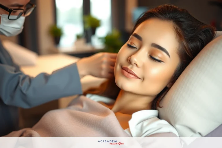 A woman is lying in a medical examination bed, undergoing rhinoplasty examination with a plastic surgeon assistance.