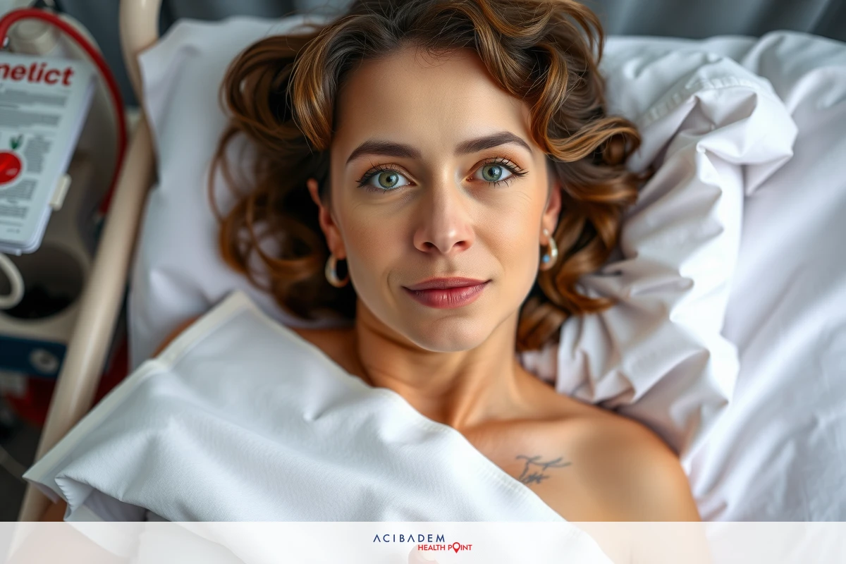 The image shows a woman lying in a bed. She appears to be looking towards the camera with a calm expression.