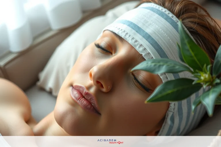 The image depicts a woman lying down with her eyes closed, suggesting relaxation or sleep. She is wearing a headband and appears to be in a peaceful environment. The focus of the image is on her face and upper body, with soft lighting that creates a serene atmosphere.