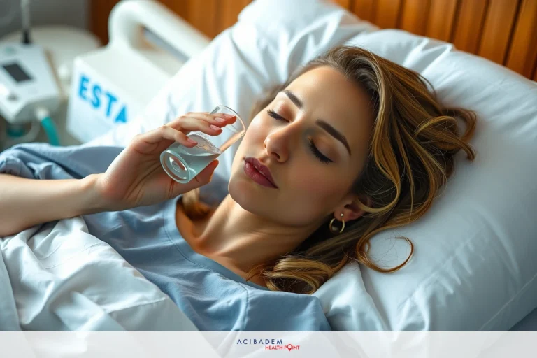 The image shows a woman lying in a hospital bed. She is holding a clear plastic cup near her mouth and appears to be in pain. Her eyes are closed, suggesting she might be resting or asleep.