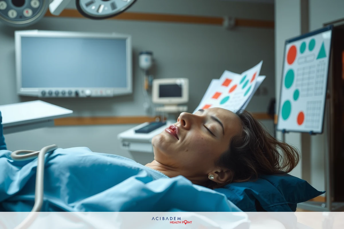 This image captures a hospital setting featuring a woman who appears to be undergoing a rhinoplasty. The environment is sterile, with various pieces of medical equipment visible.