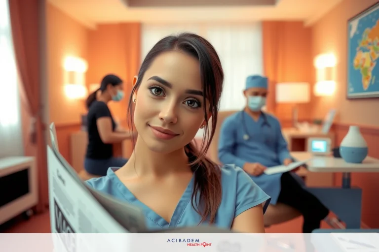 A woman in a blue surgical gown is holding an open book, seemingly reading or looking at its contents. There's another person in the background wearing scrubs and a face mask, and a table with medical equipment is visible in the foreground.