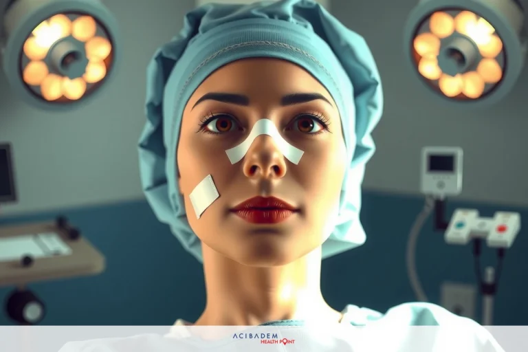 How to Make Tip Drop After Rhinoplasty A person in medical attire with face mask, looking directly at the camera. Surrounded by typical hospital setting including operating tables and lighting equipment.