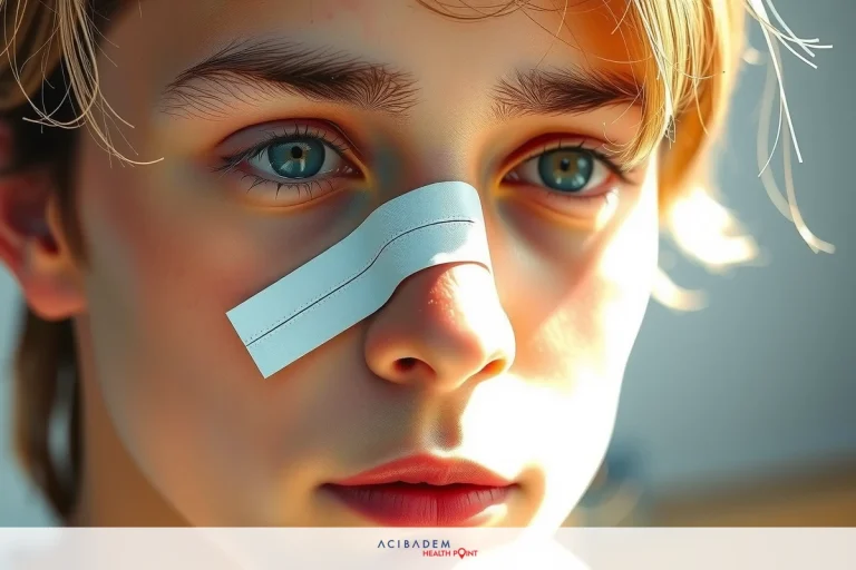 What Tape to Use After Rhinoplasty A close-up of a young boy with bandages on his nose. The sunlight is casting a gentle glow on the side of his face, creating a serene and introspective atmosphere.