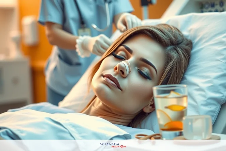 Can I Use Straw After Rhinoplasty? The image shows a woman lying in a hospital bed, receiving medical attention. There are medical professionals near her, one of whom is wearing gloves and appears to be administering an intravenous drip.