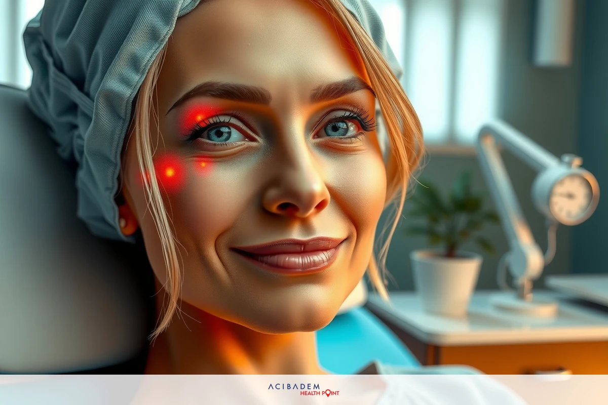 A modern medical setting with a woman sitting in a chair, smiling and looking upwards. The environment suggests a clean, contemporary clinic.