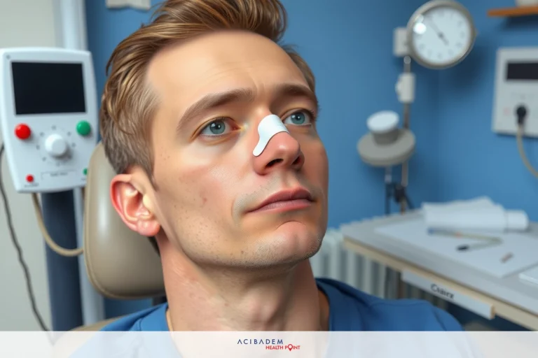 How to Tape My Nose After Rhinoplasty A man receiving medical attention, likely at a doctor's office or hospital. The man is seated and has a bandage on his nose indicating he may have had a medical procedure such as a nasal operation or injury. A clinical setting with medical equipment can be inferred from the presence of the bandage and the context.