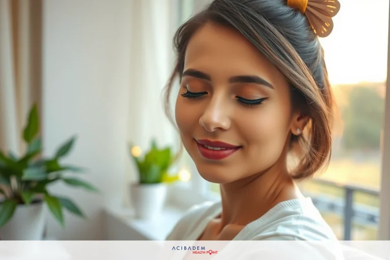 How Painful After Rhinoplasty This is a portrait of a smiling young woman. She has dark hair, eyeliner, and is wearing makeup that includes pink lipstick. Her eyes are closed and her expression seems content or relaxed.
