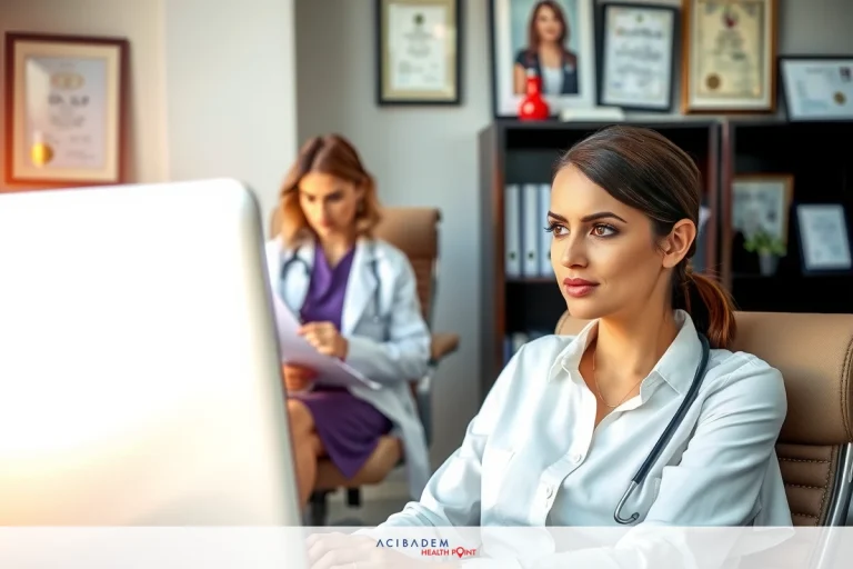 What is The Average Cost of Rhinoplasty Two women in professional attire using electronic devices. One is sitting at a desk with a laptop, and the other is standing holding a tablet. They appear to be engaged in a work-related task or discussion. The setting suggests an office environment.