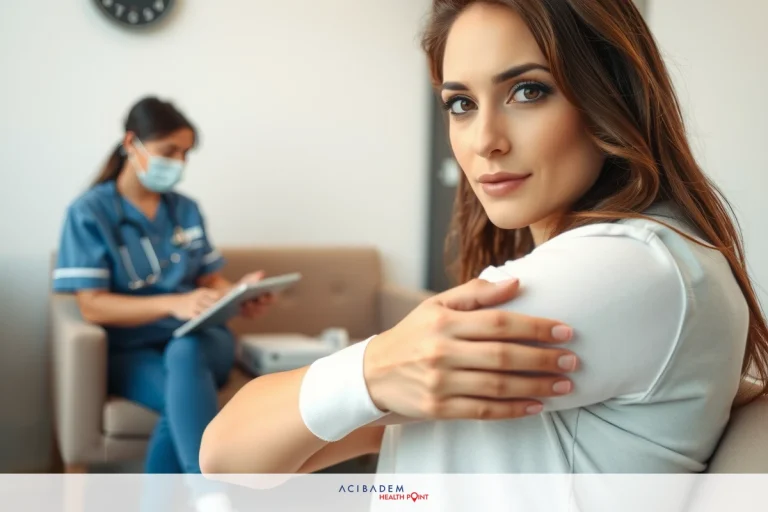 Can I Take Accutane After Rhinoplasty? The image shows a woman in a clinical setting, likely a doctor's office. She is seated and has her right arm placed on the examination table with her elbow bent to expose her forearm.