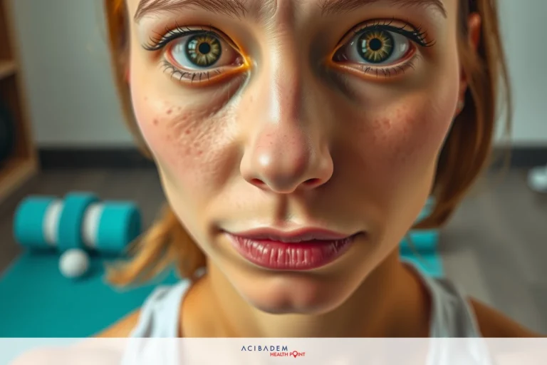 A woman with an intense expression and striking green eyes looking directly at the camera. Her skin is fair, and she has rosy cheeks. Behind her, there's a yoga mat indicating a fitness or exercise environment.