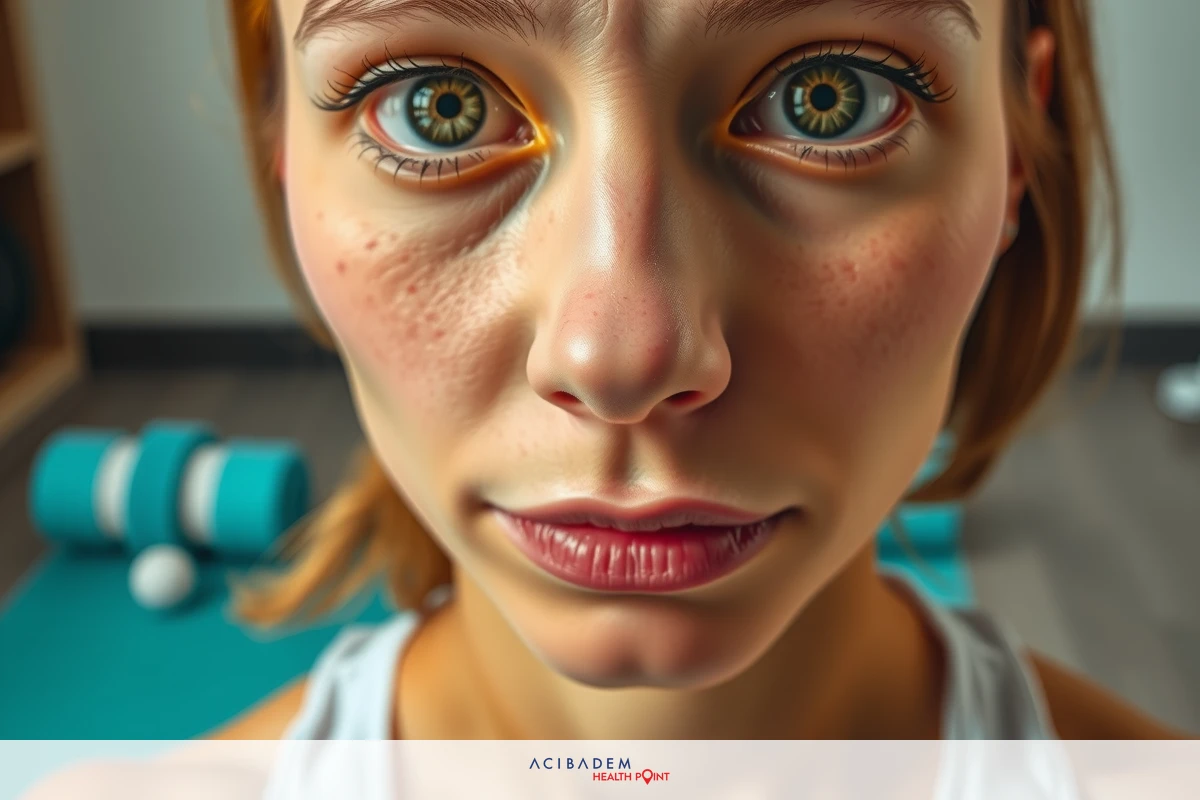 A woman with an intense expression and striking green eyes looking directly at the camera. Her skin is fair, and she has rosy cheeks. Behind her, there's a yoga mat indicating a fitness or exercise environment.