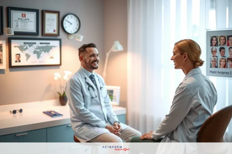 A professional medical office setting with two doctors, a man and woman, engaged in discussion. They are dressed in white lab coats and are seated at opposite ends of the desk. A wall-mounted clock is visible above them.