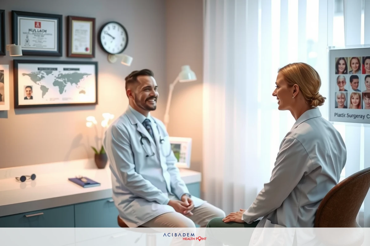 A professional medical office setting with two doctors, a man and woman, engaged in discussion. They are dressed in white lab coats and are seated at opposite ends of the desk. A wall-mounted clock is visible above them.